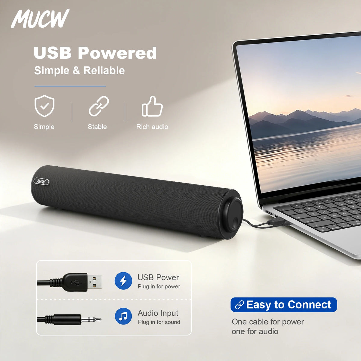 MUCW Wired Stereo Computer Soundbar With USB And AUX Input