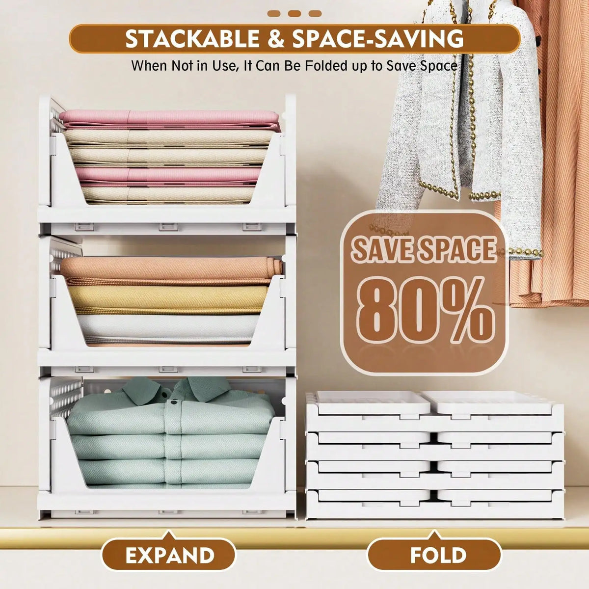Stackable Foldable Closet Storage Baskets With Sliding Drawer Design