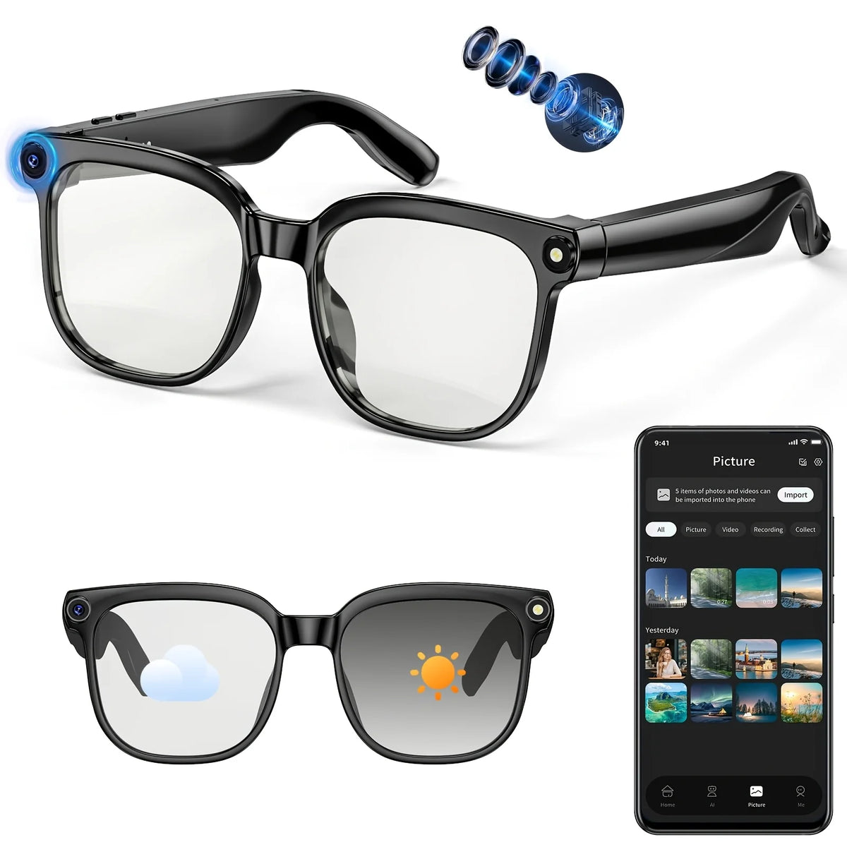 Smart Camera Glasses With HD Video, AI Translation And Bluetooth Audio