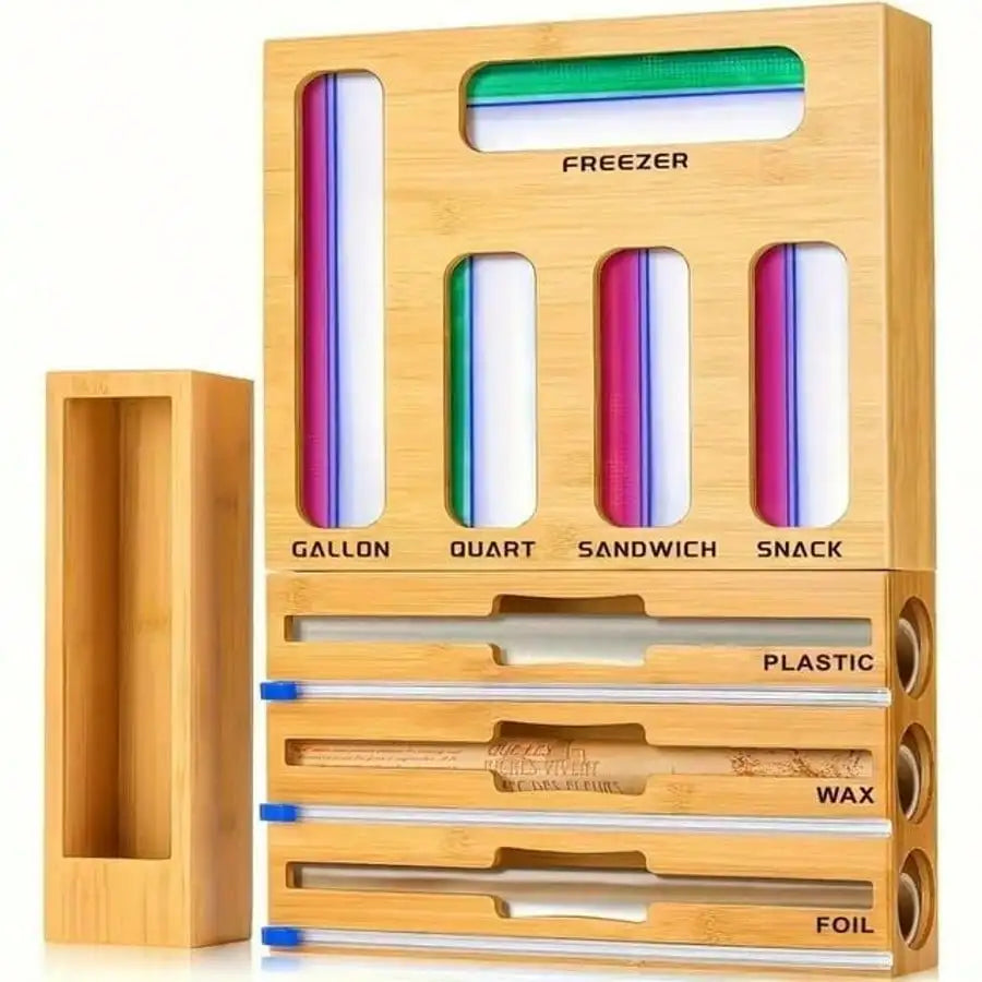 Bamboo Ziplock Bag Organizer With Cutter And Multi Compartment Storage