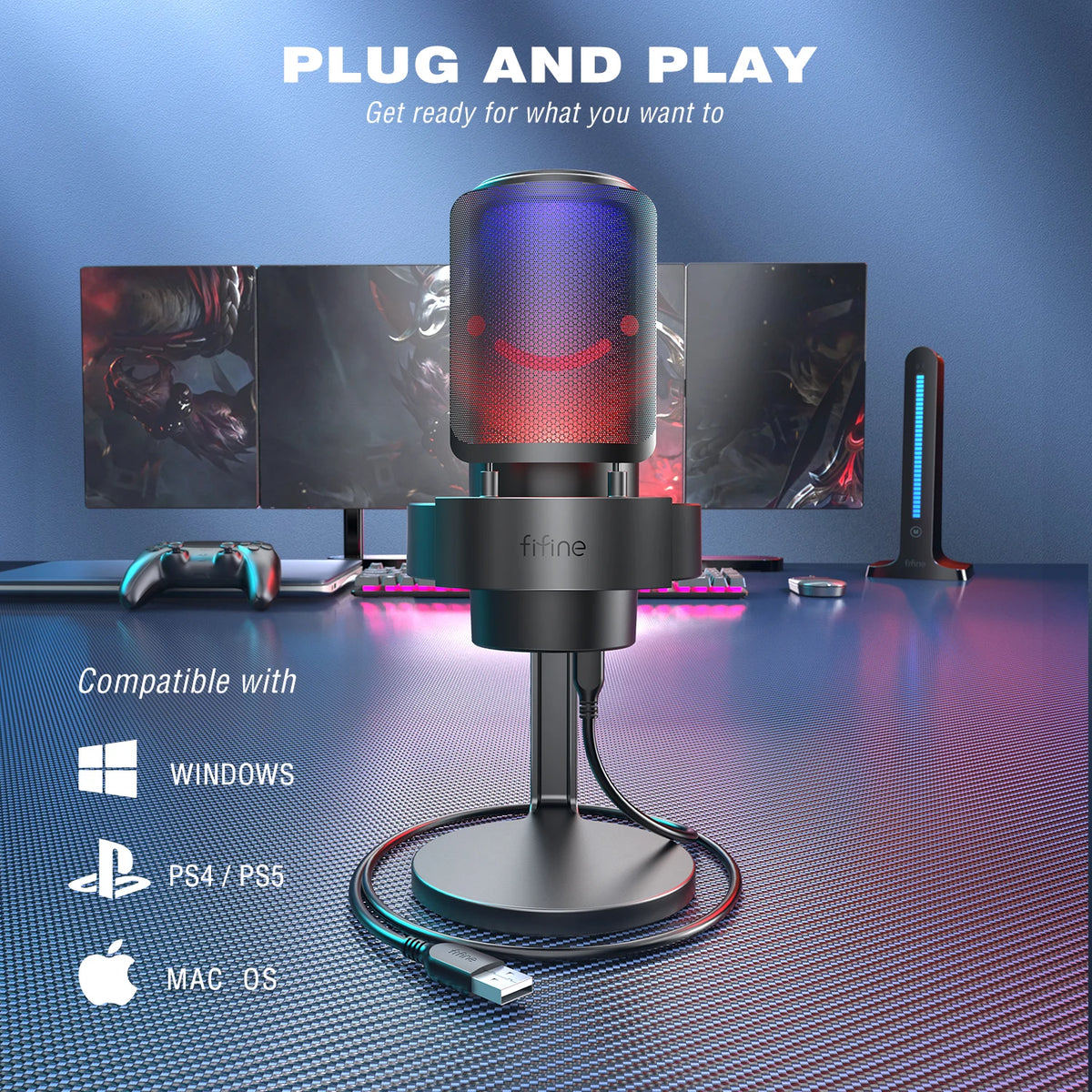 FIFINE USB Microphone RGB Touch Mute Headphone Output PC Streaming