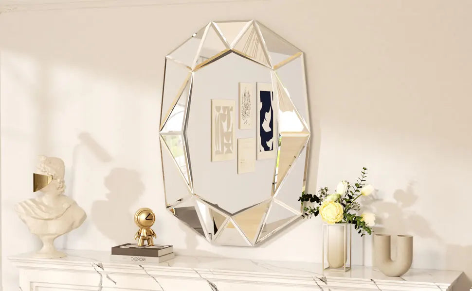 Wisfor Irregular Glass Wall Mirror With Beveled Diamond Edge Accents