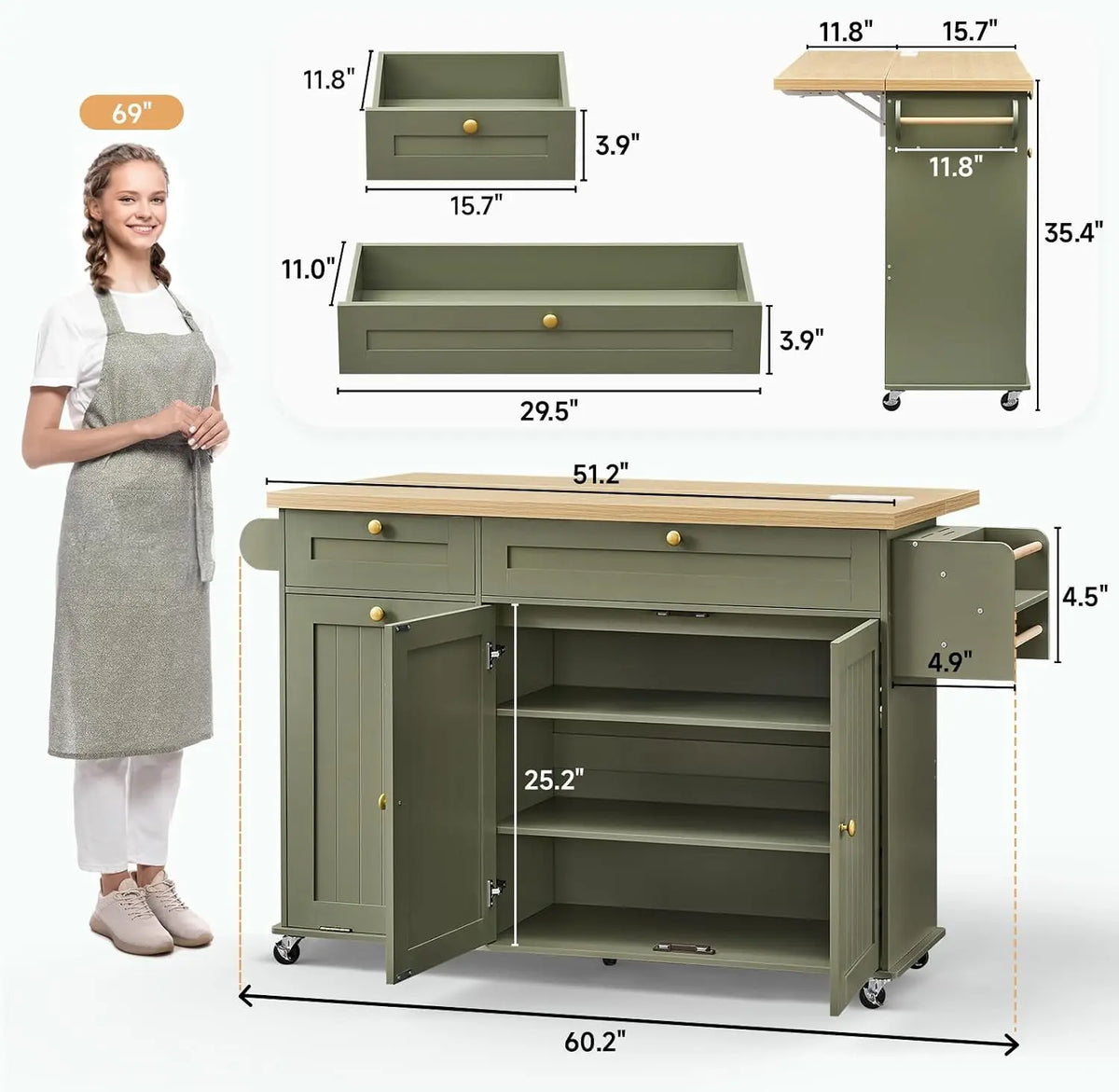 ONBRILL Rolling Kitchen Island Cart With Storage And Power Station