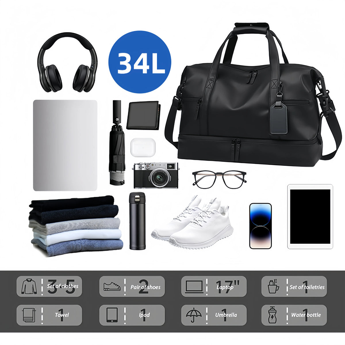 Lightweight Water Resistant Travel Duffel Bag With Shoe Compartment