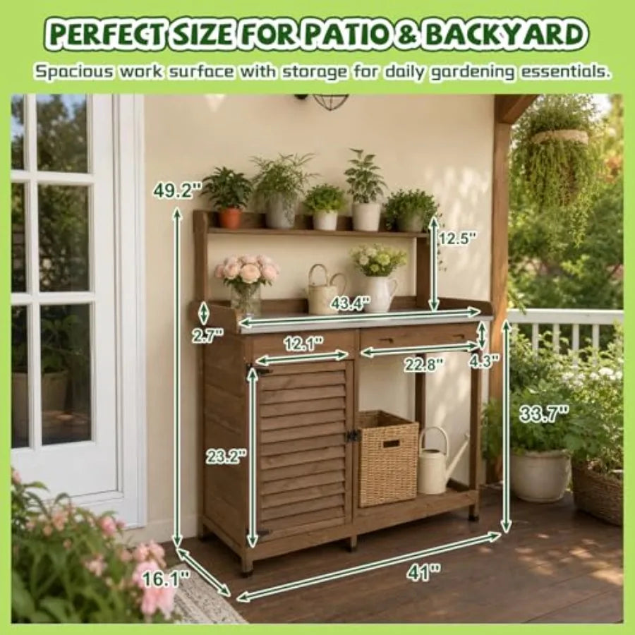 MDNG Wooden Potting Bench With Metal Tabletop for Patio Garden
