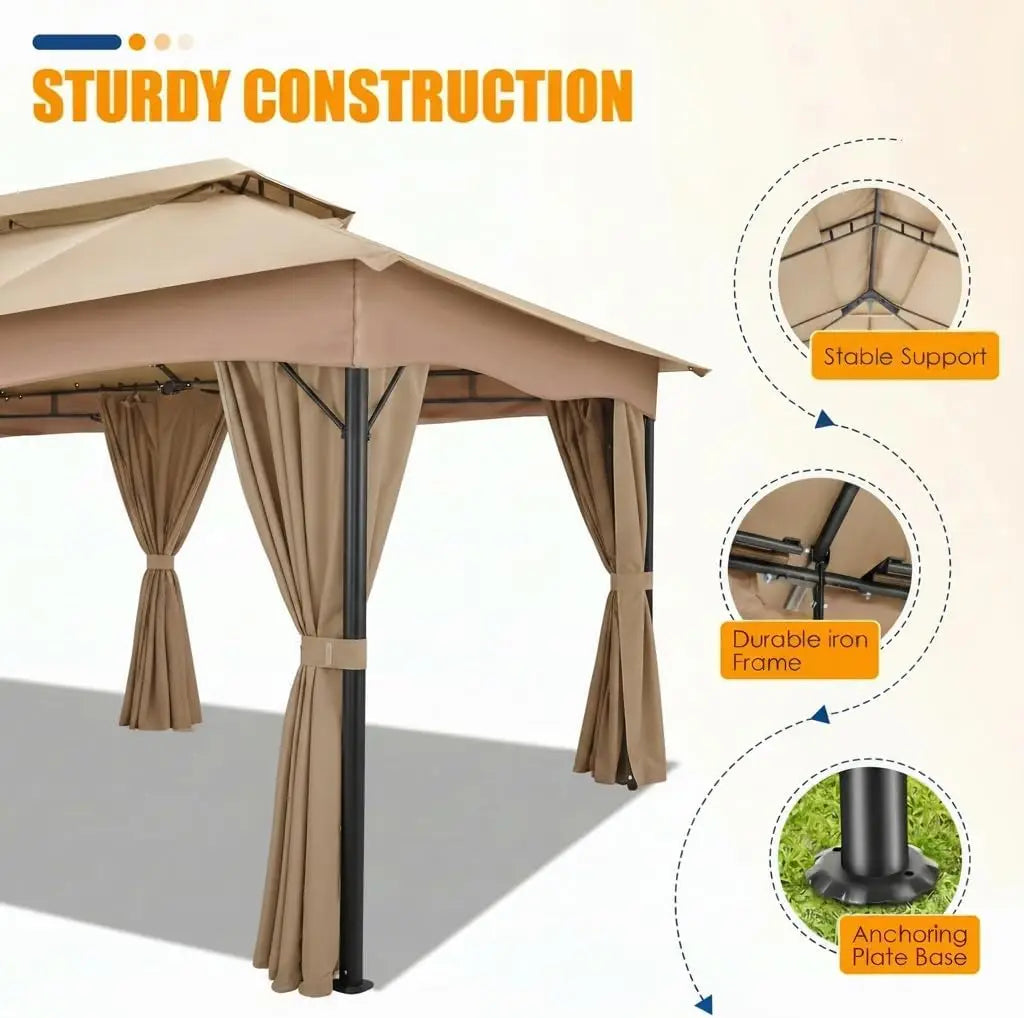 COBIZI Outdoor Gazebo with Curtains and Ventilated Double Roof Canopy