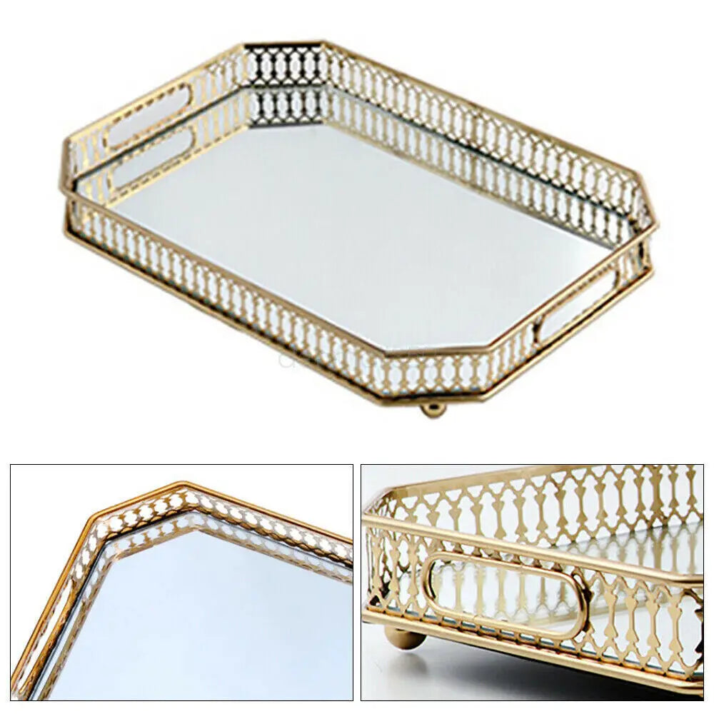Vintage Glass Top Metal Vanity Tray for Makeup Jewelry Storage