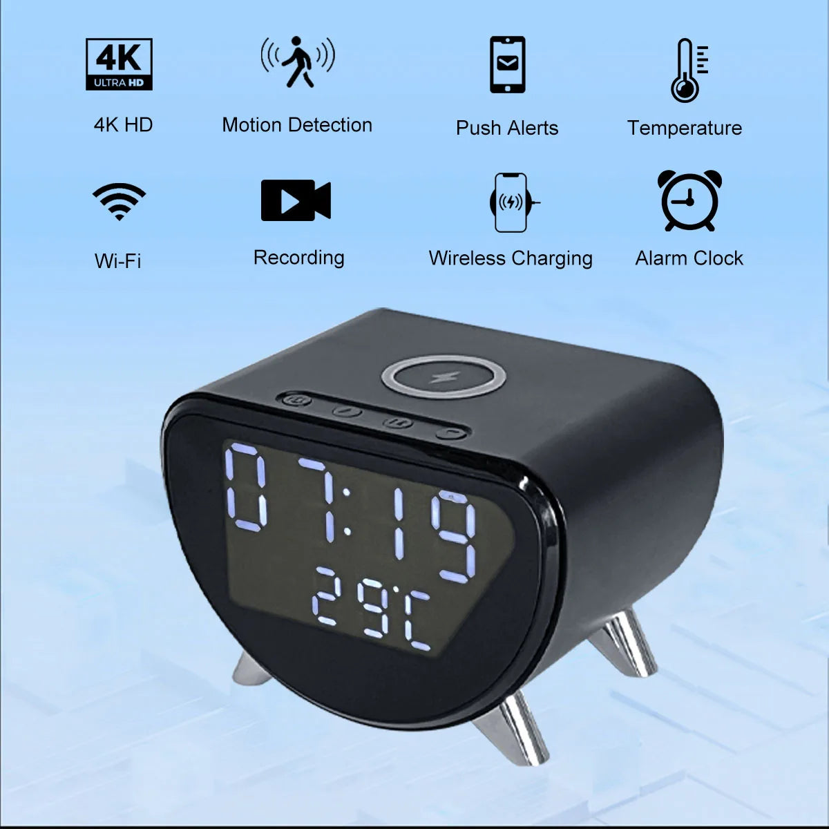 Ouvis 4K WiFi Clock Camera With Motion Detection Wireless Charging