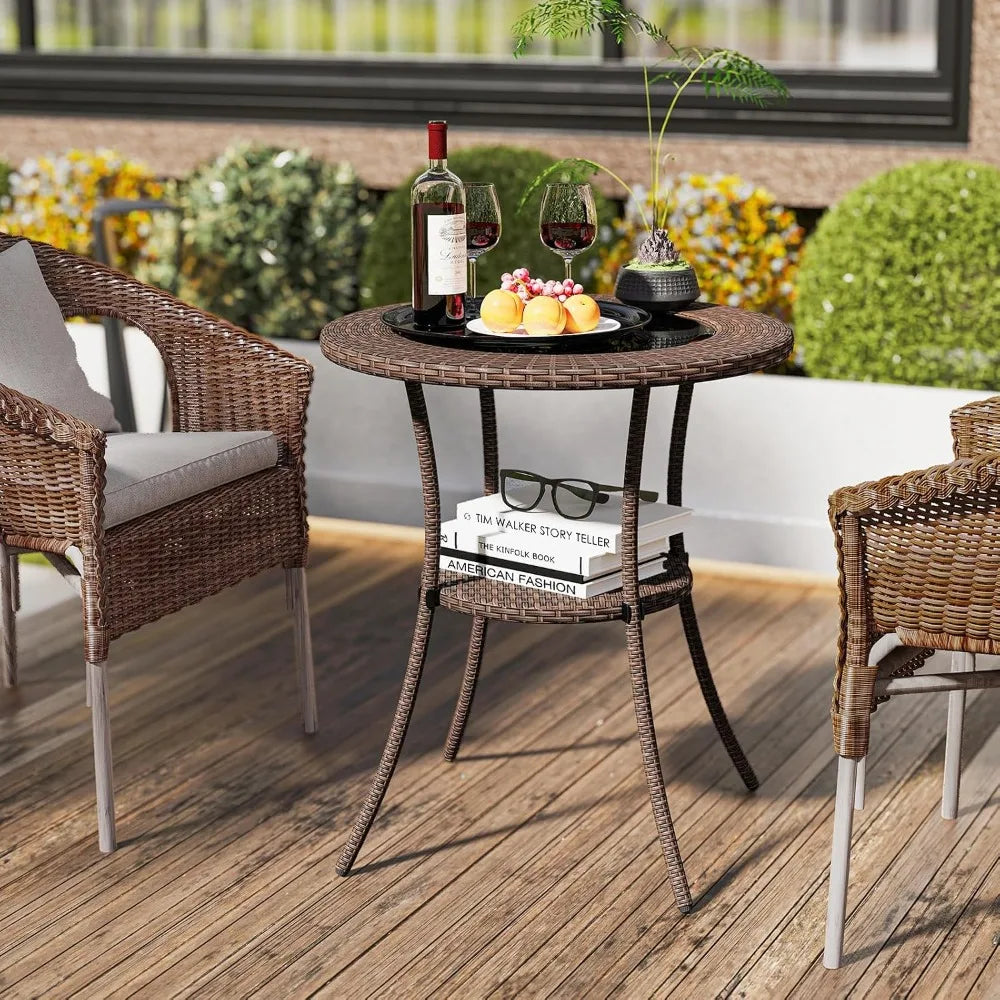 Tangkula Wicker Patio Table With Glass Top And Storage Shelf