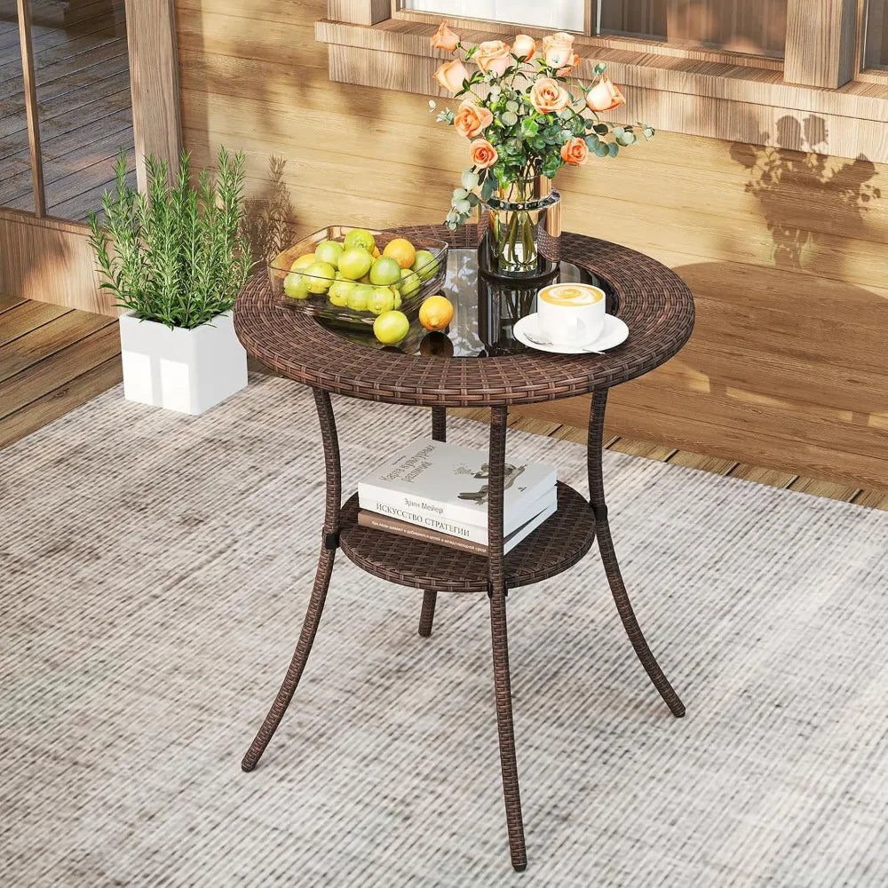 Tangkula Wicker Patio Table With Glass Top And Storage Shelf