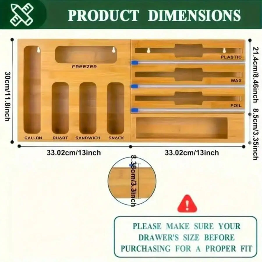 Bamboo Ziplock Bag Organizer With Cutter And Multi Compartment Storage