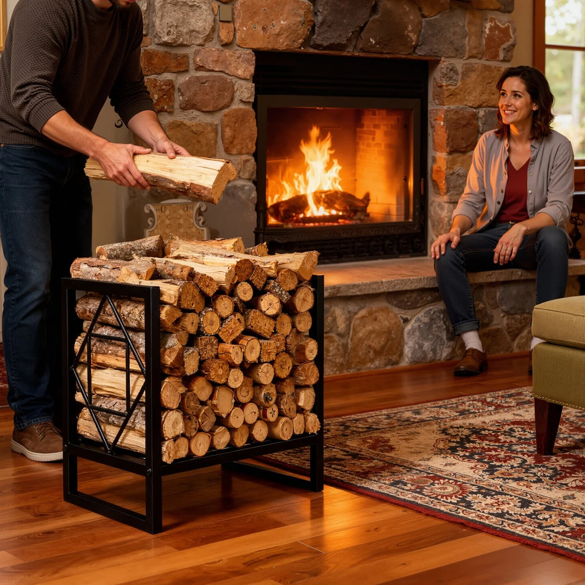 Metal Firewood Rack Indoor Outdoor Fireplace Log Storage Holder Stand