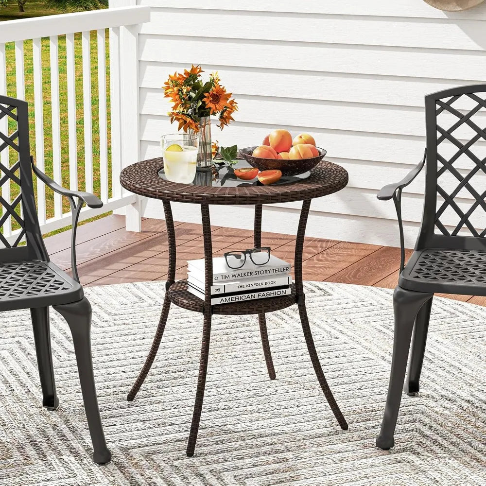 Tangkula Wicker Patio Table With Glass Top And Storage Shelf