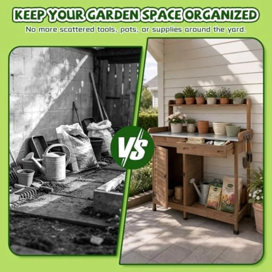MDNG Wooden Potting Bench With Metal Tabletop for Patio Garden