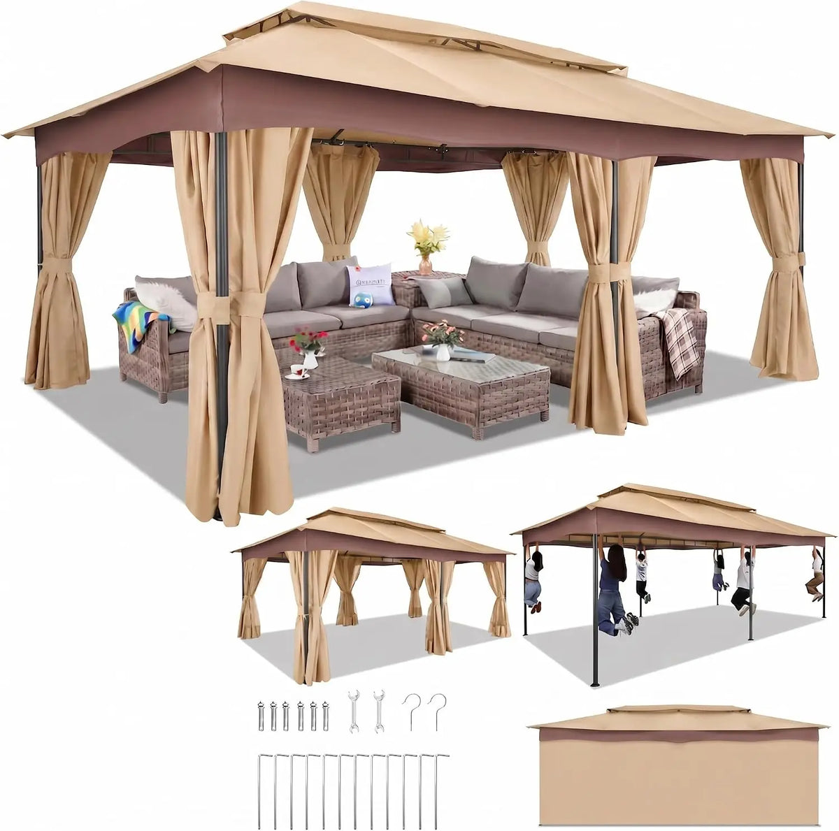 COBIZI Outdoor Gazebo with Curtains and Ventilated Double Roof Canopy