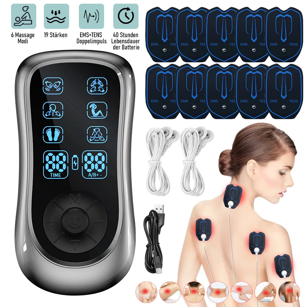 Rechargeable Dual Channel Tens Ems Muscle Stimulator With 10 Pads