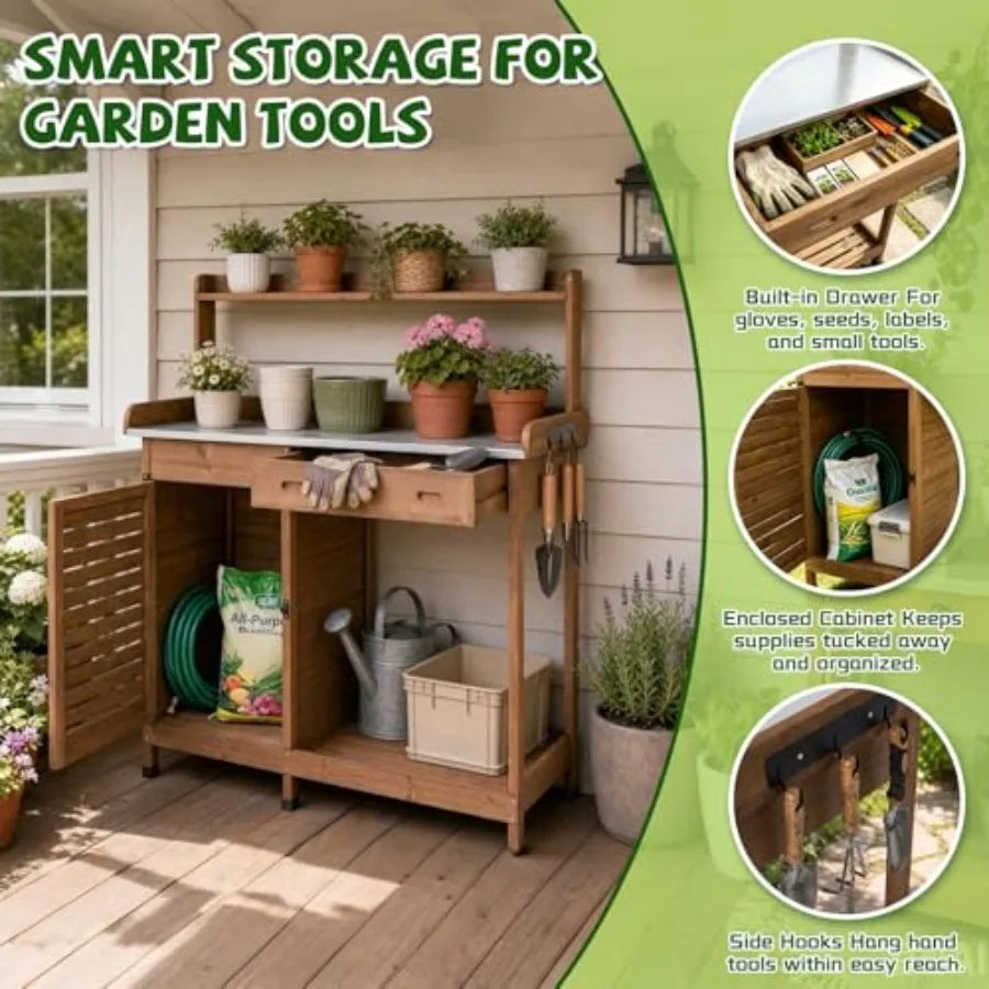 MDNG Wooden Potting Bench With Metal Tabletop for Patio Garden
