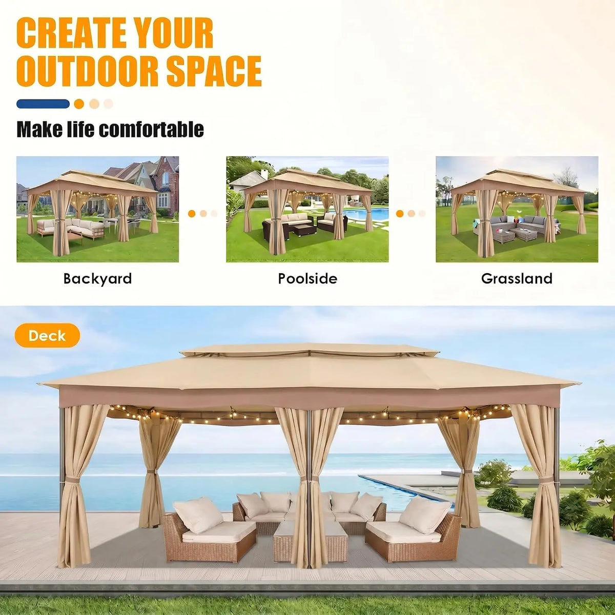 COBIZI Outdoor Gazebo with Curtains and Ventilated Double Roof Canopy