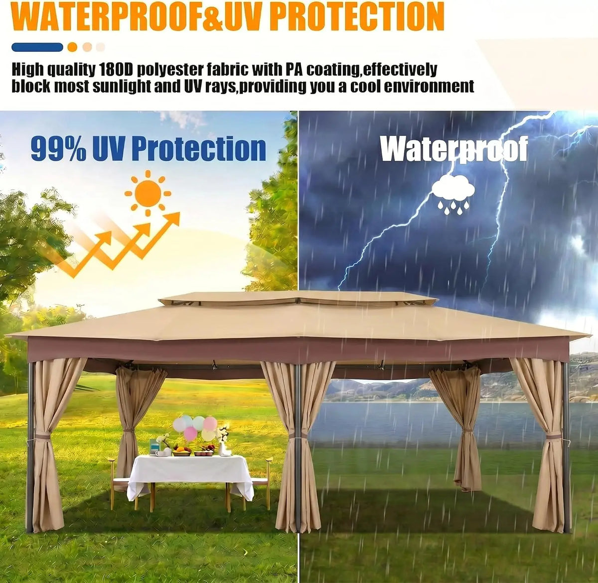 COBIZI Outdoor Gazebo with Curtains and Ventilated Double Roof Canopy