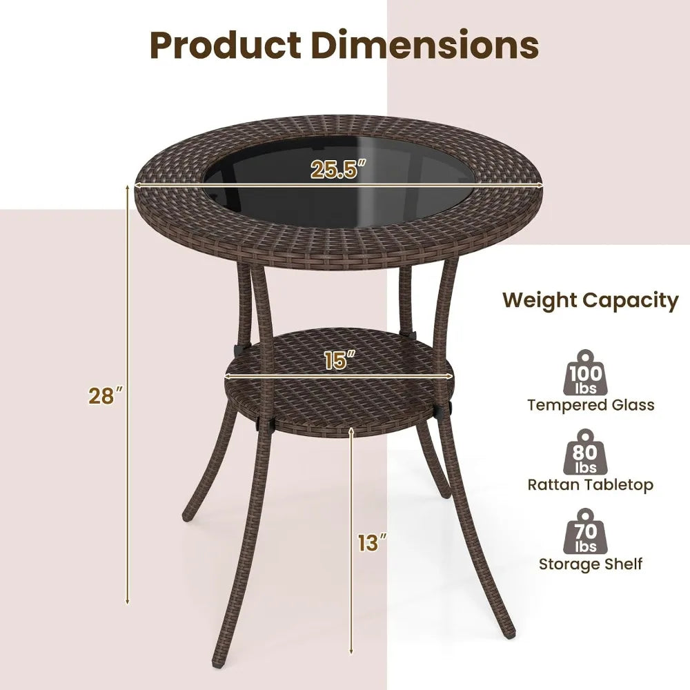 Tangkula Wicker Patio Table With Glass Top And Storage Shelf