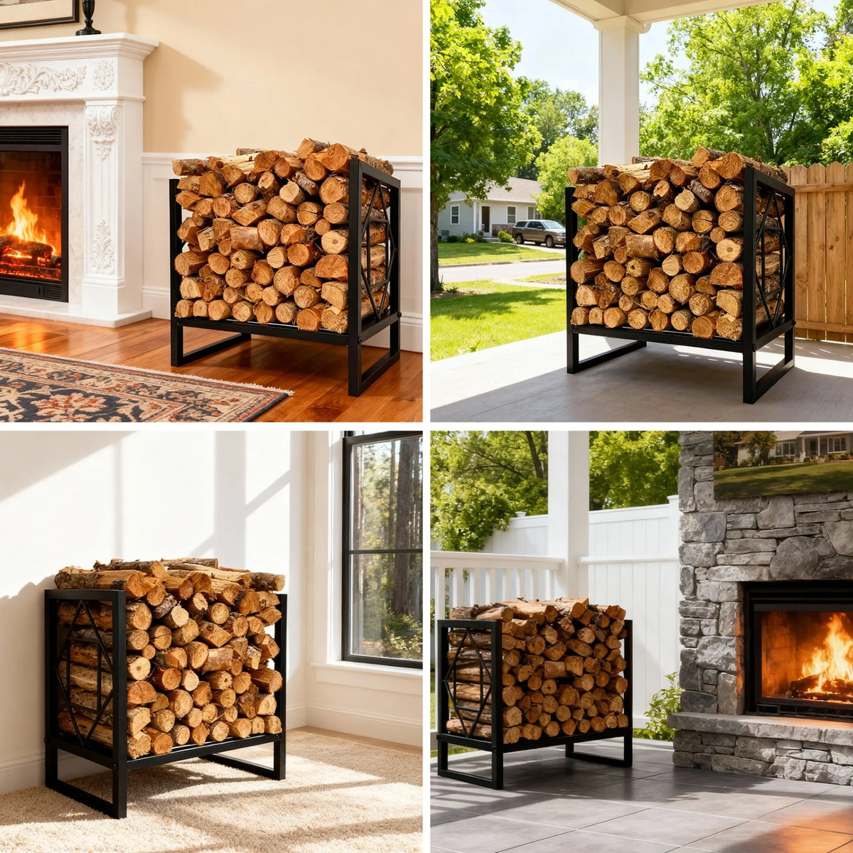 Metal Firewood Rack Indoor Outdoor Fireplace Log Storage Holder Stand