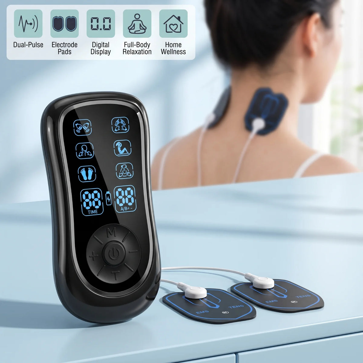 Rechargeable Dual Channel Tens Ems Muscle Stimulator With 10 Pads