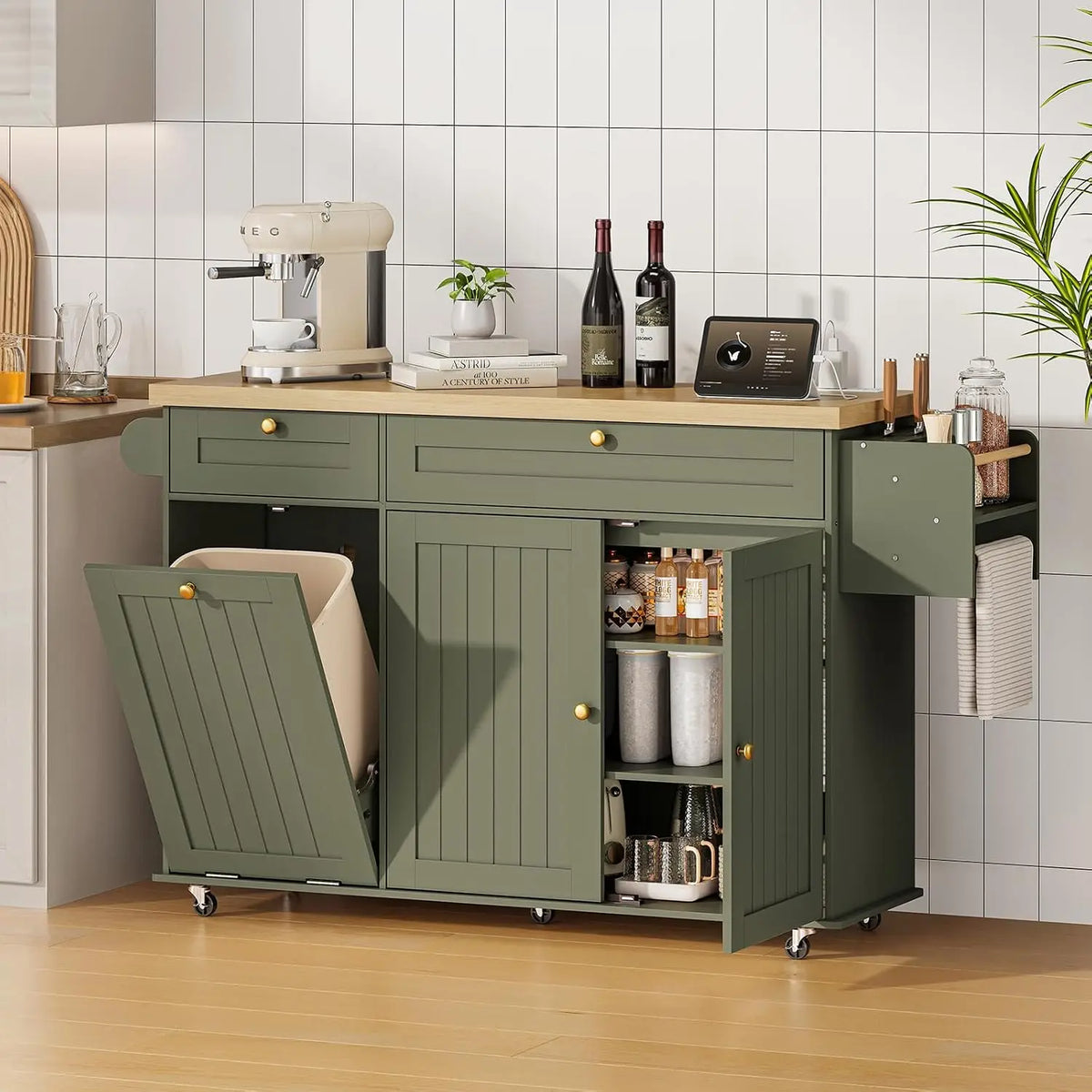 ONBRILL Rolling Kitchen Island Cart With Storage And Power Station