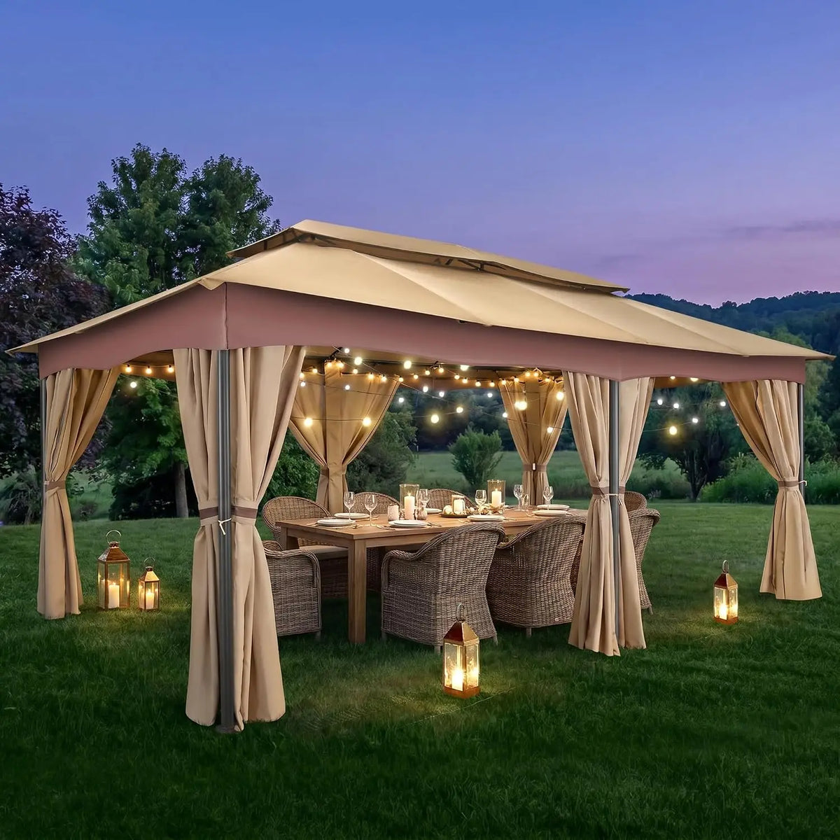 COBIZI Outdoor Gazebo with Curtains and Ventilated Double Roof Canopy