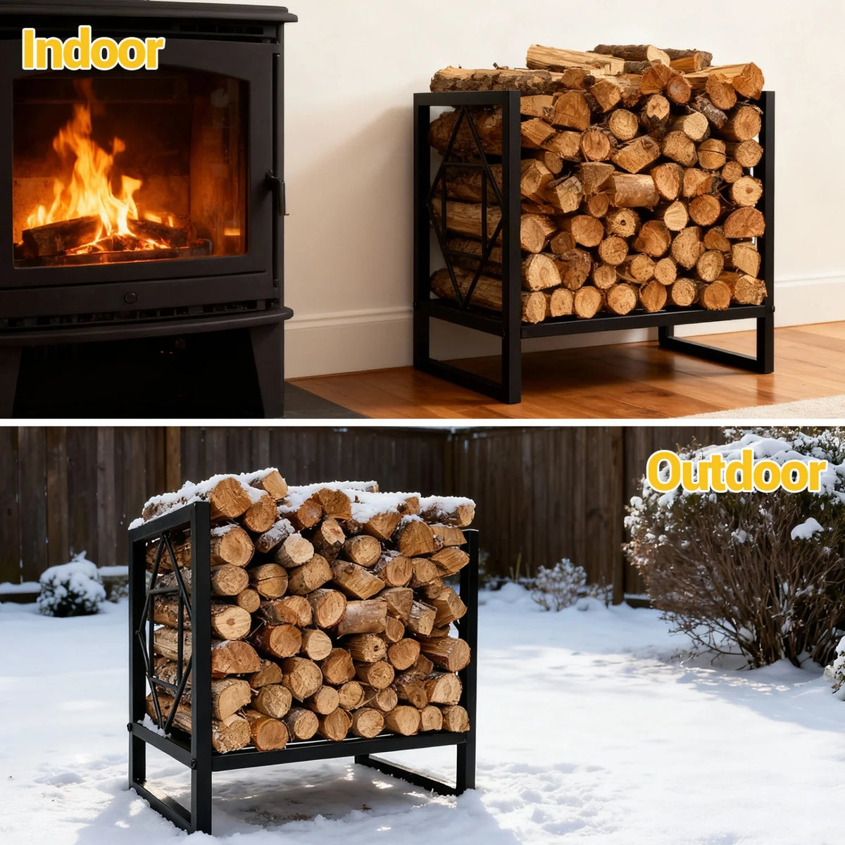 Metal Firewood Rack Indoor Outdoor Fireplace Log Storage Holder Stand