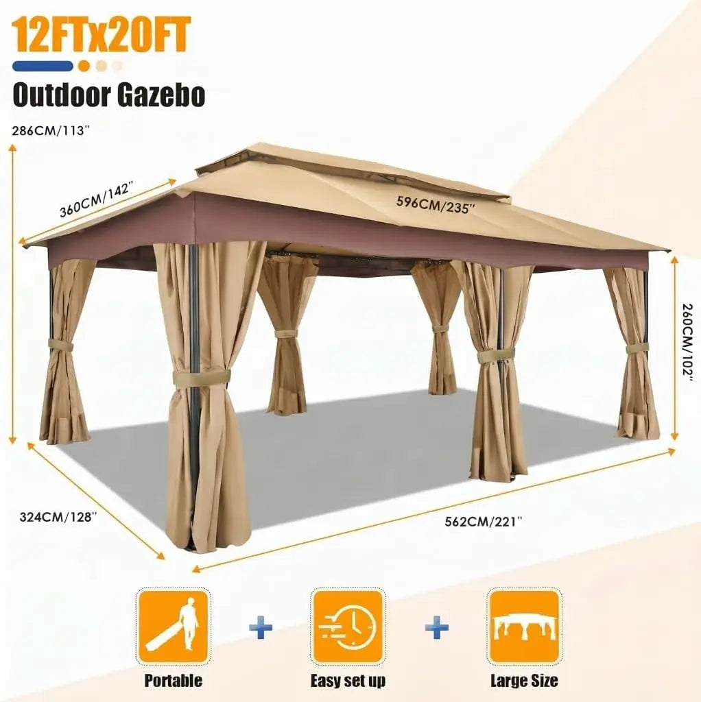 COBIZI Outdoor Gazebo with Curtains and Ventilated Double Roof Canopy