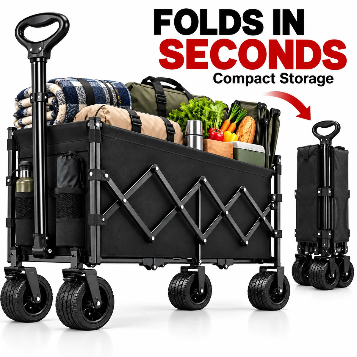Heavy Duty Folding Wagon With Cup Holders And Wide Wheels