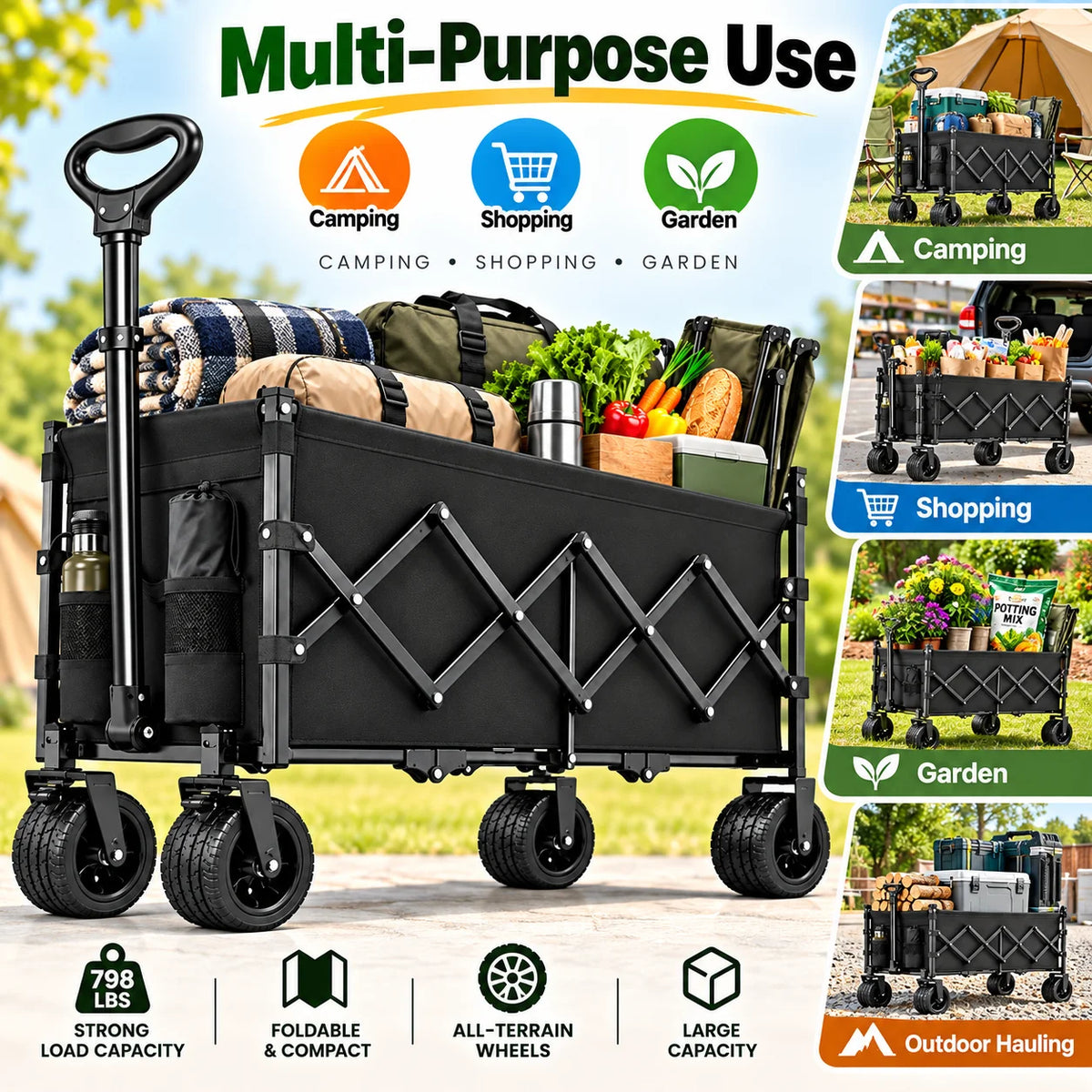 Heavy Duty Folding Wagon With Cup Holders And Wide Wheels
