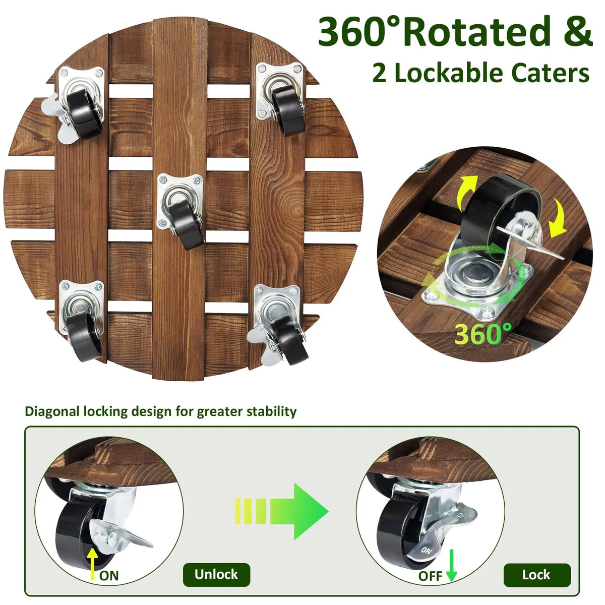 Wooden Rolling Plant Caddy with Lockable Wheels for Indoor Outdoor use