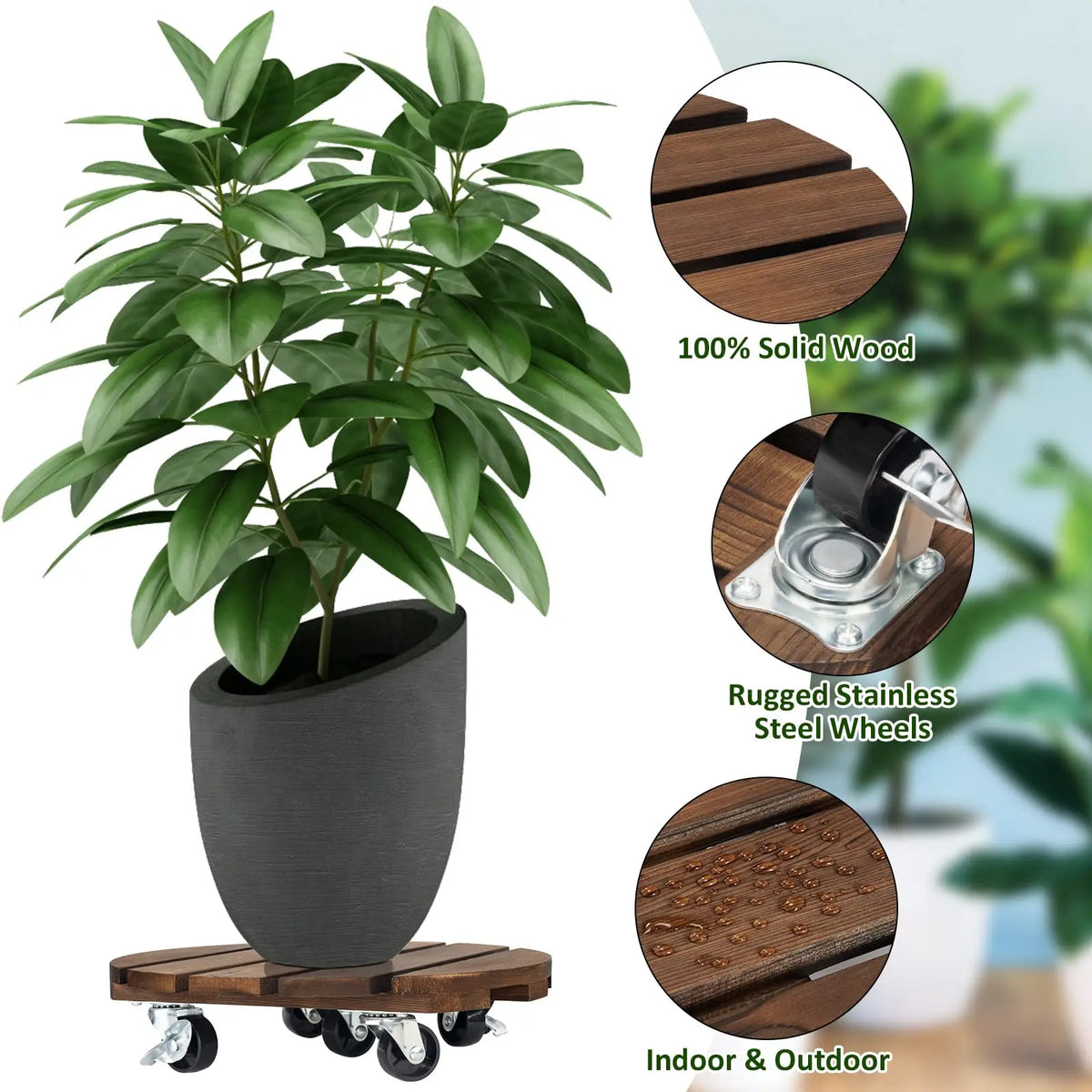 Wooden Rolling Plant Caddy with Lockable Wheels for Indoor Outdoor use