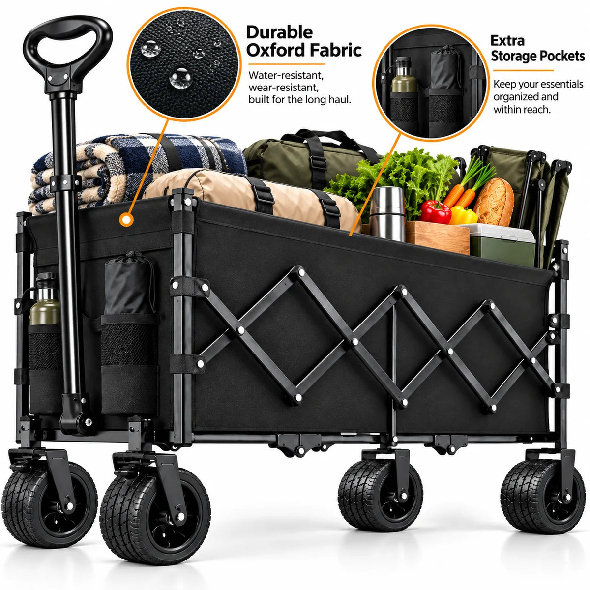 Heavy Duty Folding Wagon With Cup Holders And Wide Wheels