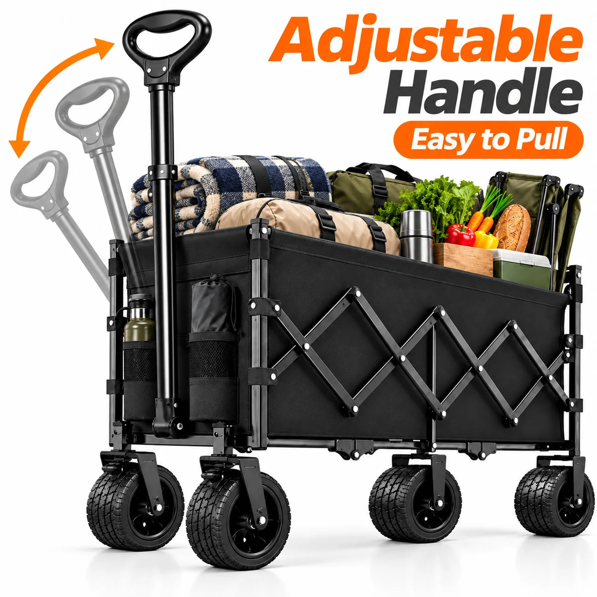 Heavy Duty Folding Wagon With Cup Holders And Wide Wheels
