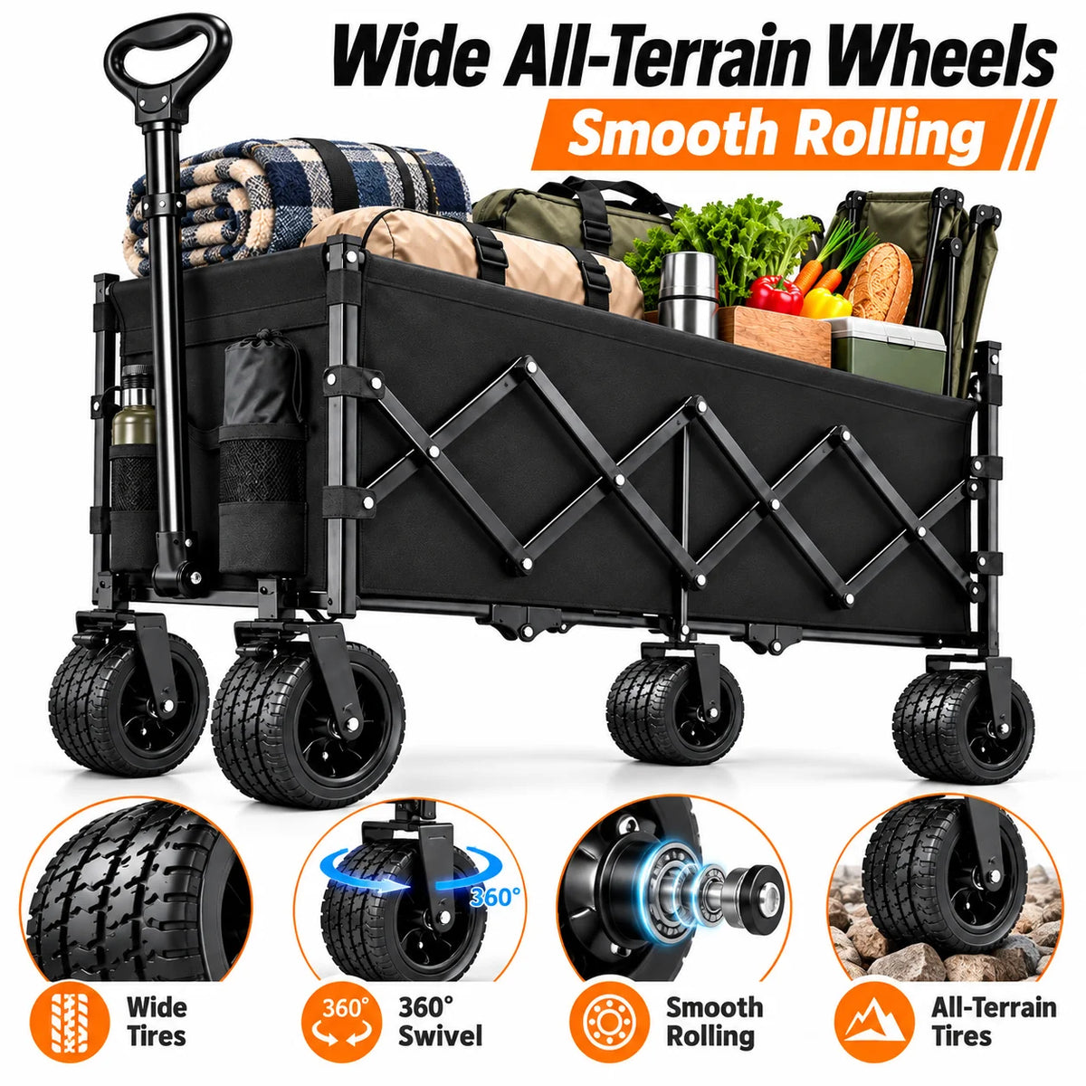 Heavy Duty Folding Wagon With Cup Holders And Wide Wheels