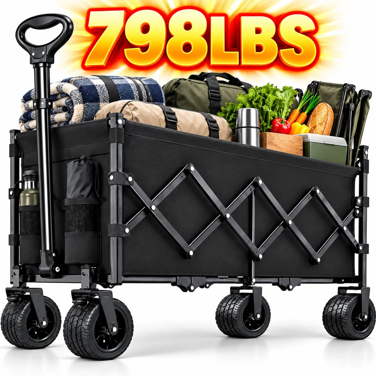 Heavy Duty Folding Wagon With Cup Holders And Wide Wheels