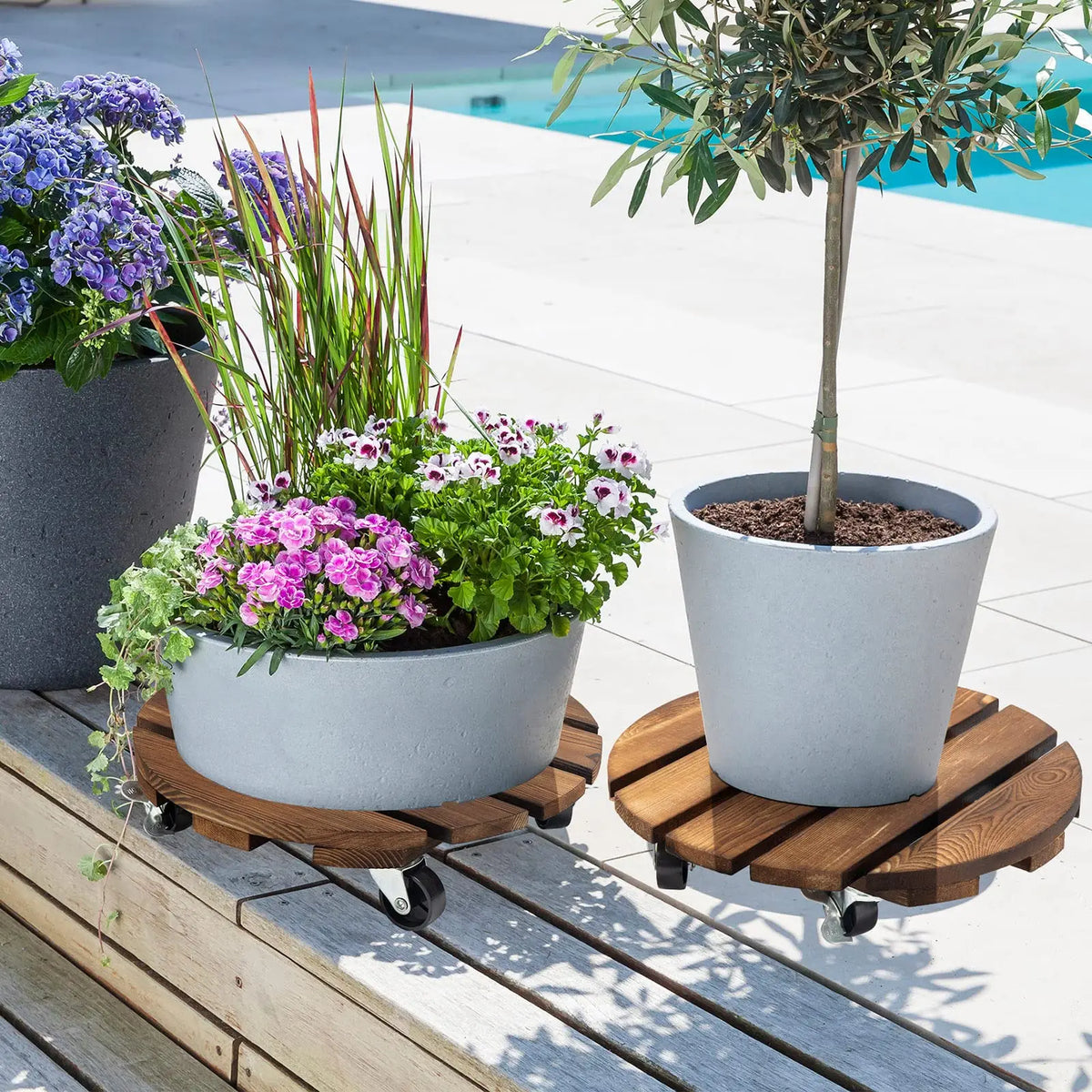 Wooden Rolling Plant Caddy with Lockable Wheels for Indoor Outdoor use