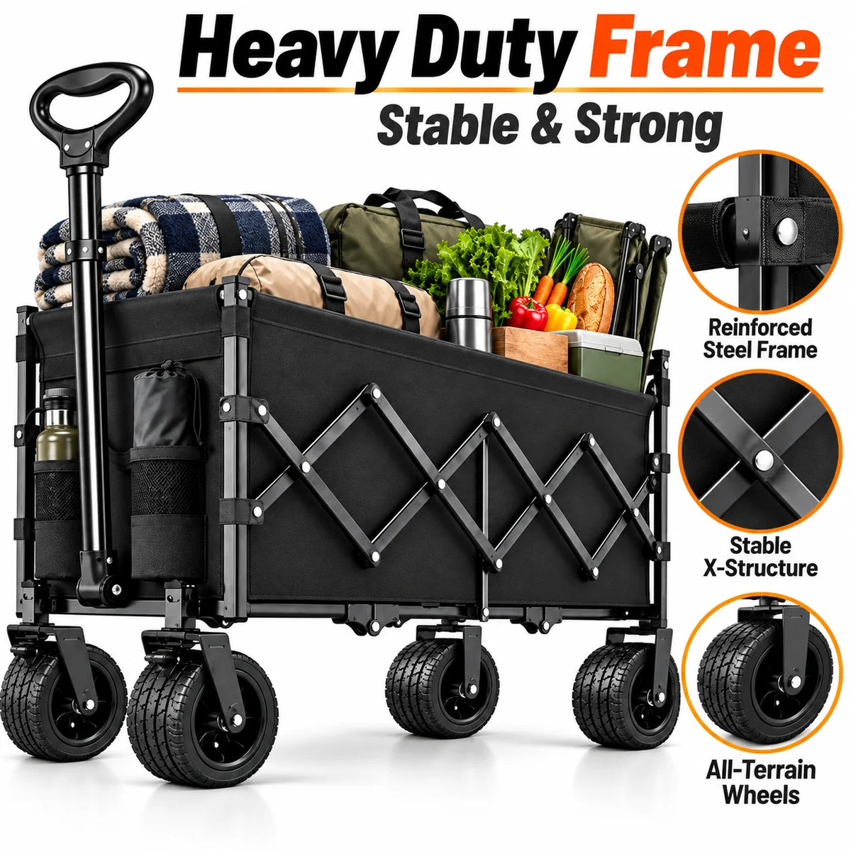 Heavy Duty Folding Wagon With Cup Holders And Wide Wheels
