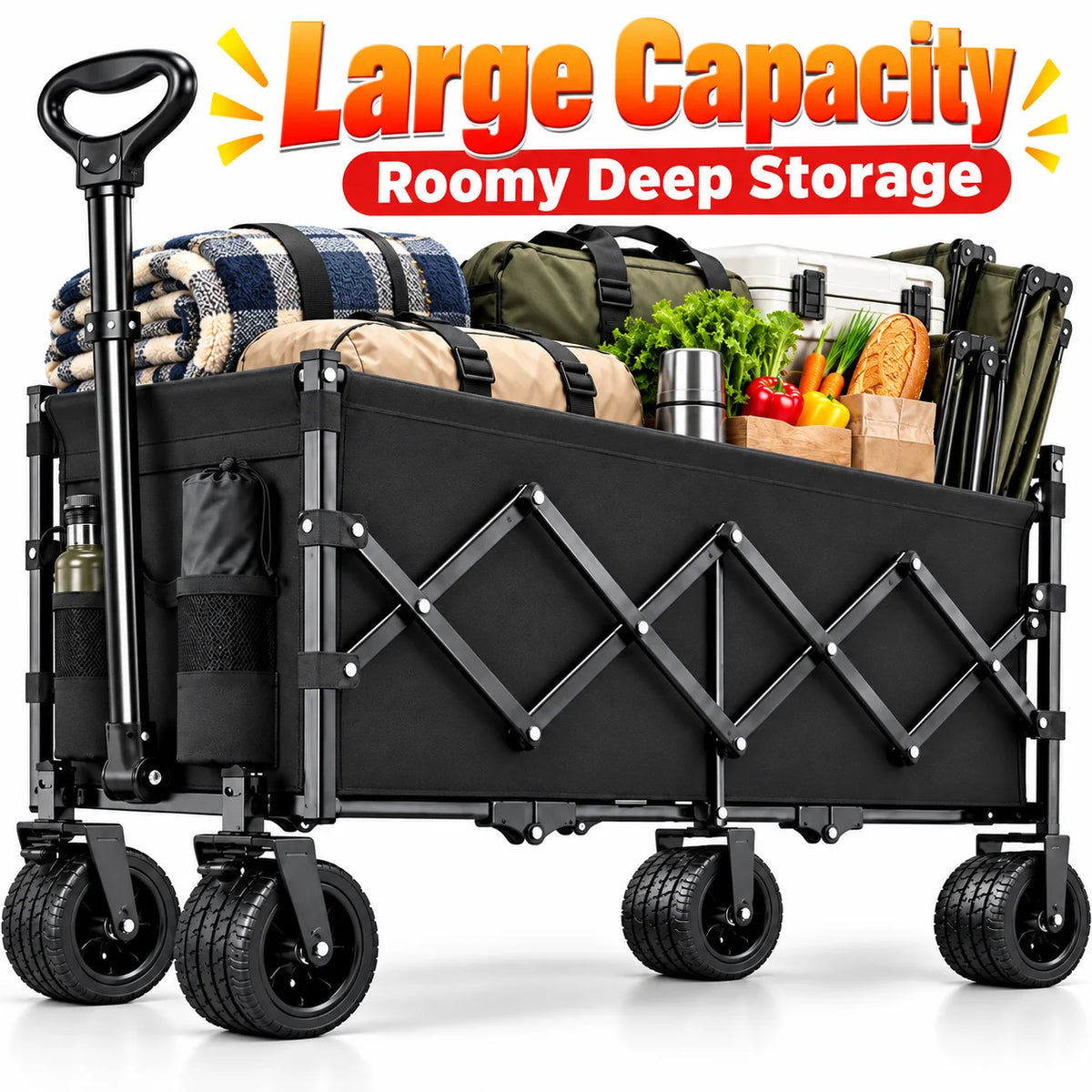 Heavy Duty Folding Wagon With Cup Holders And Wide Wheels