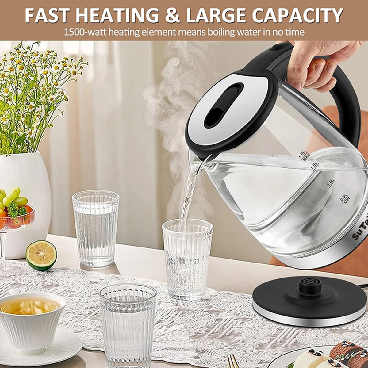 Electric Glass Kettle With Auto Shutoff And LED Indicator