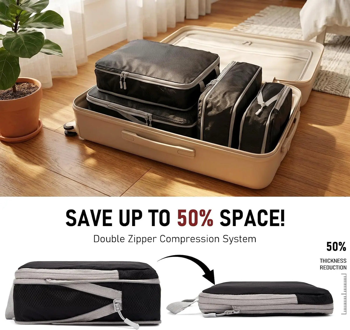 Waterproof Travel Compression Packing Cubes Set For Luggage Organization