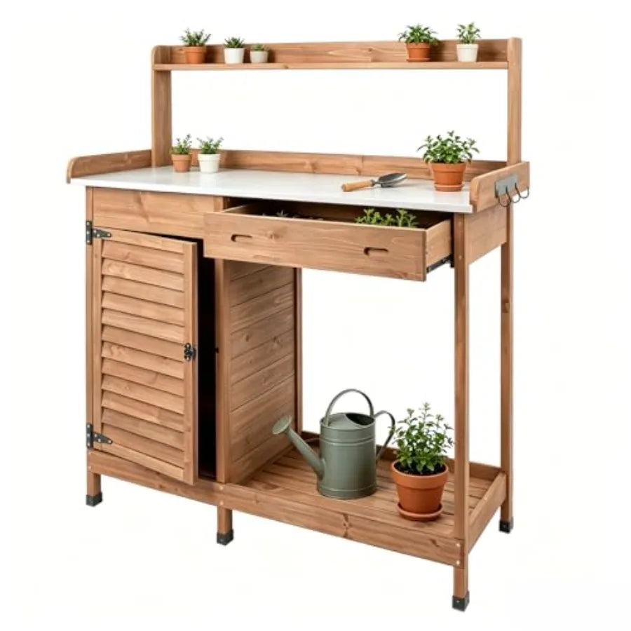 MDNG Wooden Potting Bench With Metal Tabletop for Patio Garden