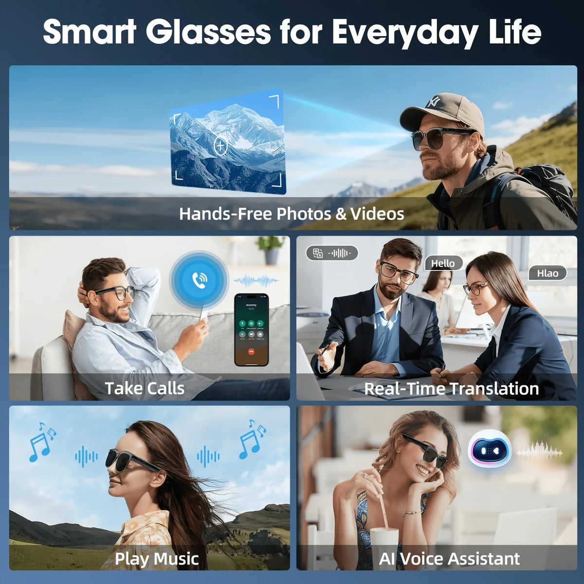 Smart Camera Glasses With HD Video, AI Translation And Bluetooth Audio