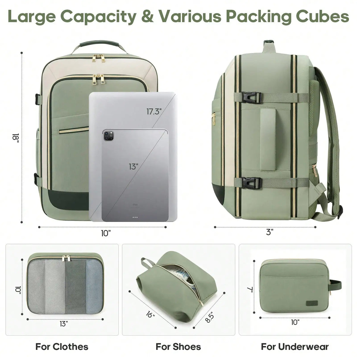 Waterproof Travel Backpack With Packing Cubes For Airplane Carry On