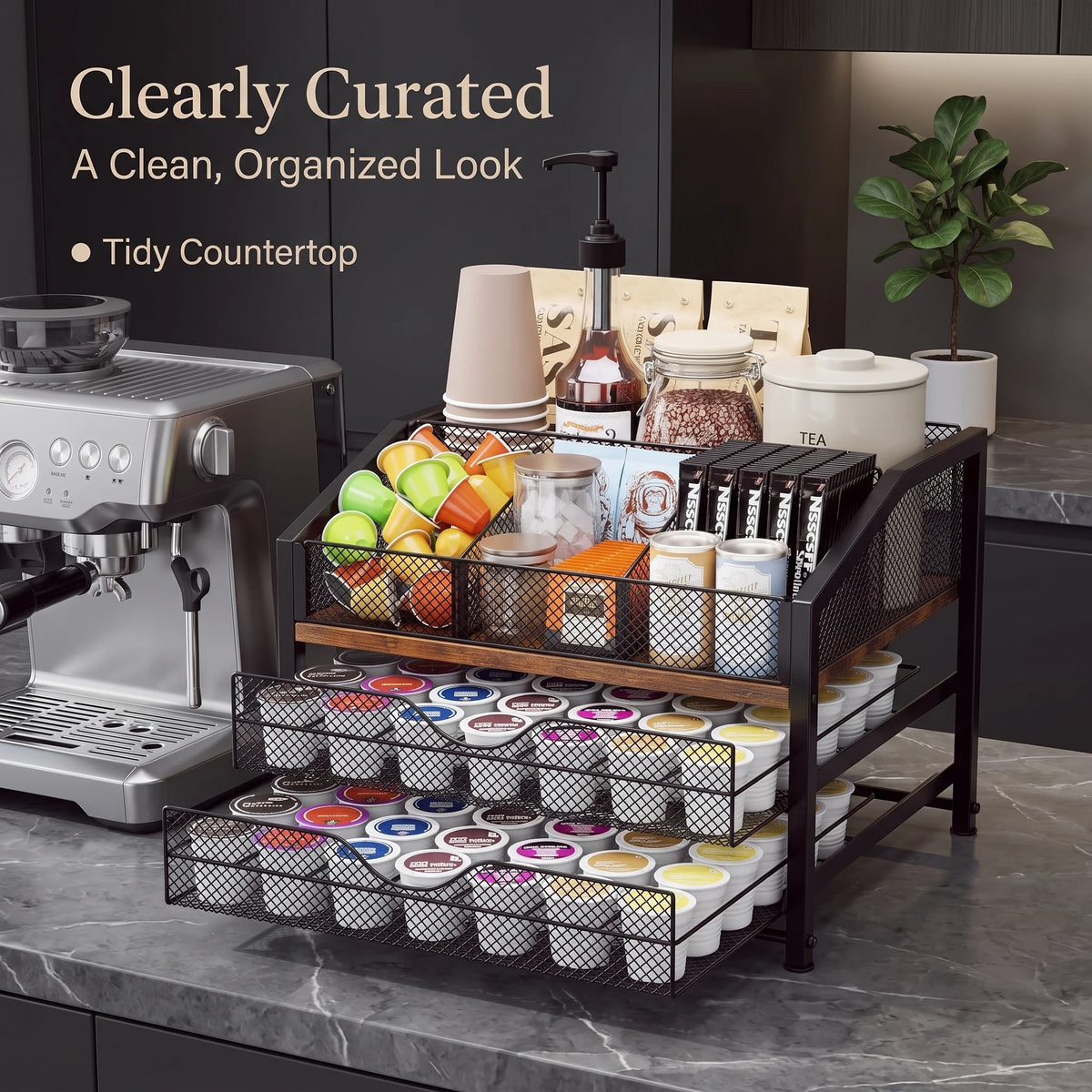 Coffee Bar Organizer With K Cup Holder And Condiment Storage