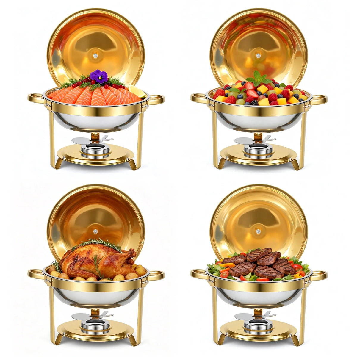 Round Stainless Steel Chafing Dish Buffet Set With Glass Lids