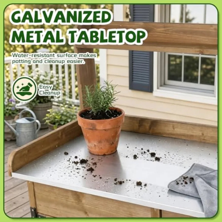 MDNG Wooden Potting Bench With Metal Tabletop for Patio Garden