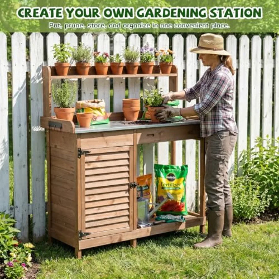 MDNG Wooden Potting Bench With Metal Tabletop for Patio Garden